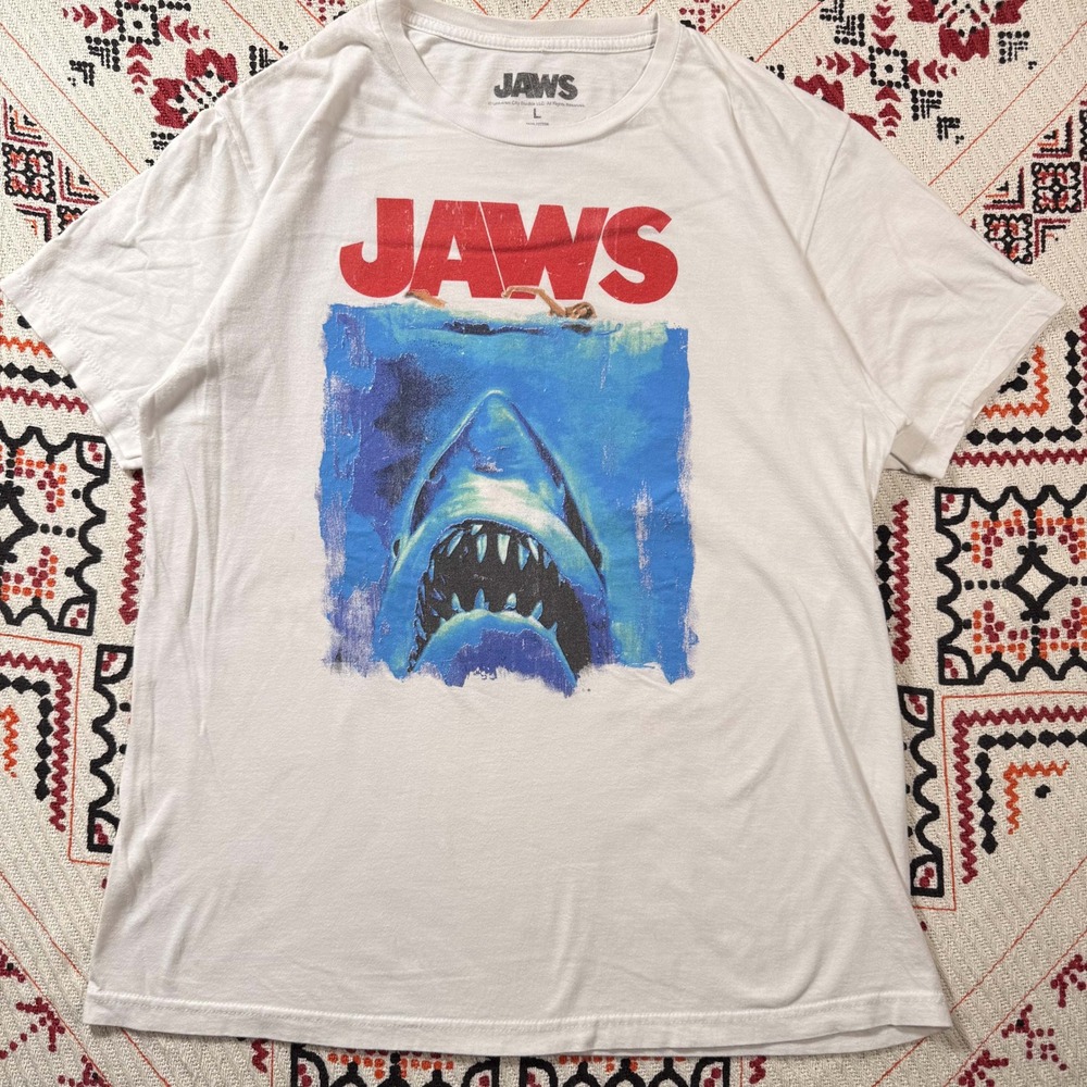 Jaws Movie Poster Graphic T-Shirt Mens Large White Universal Studios Tee - Picture 2 of 4